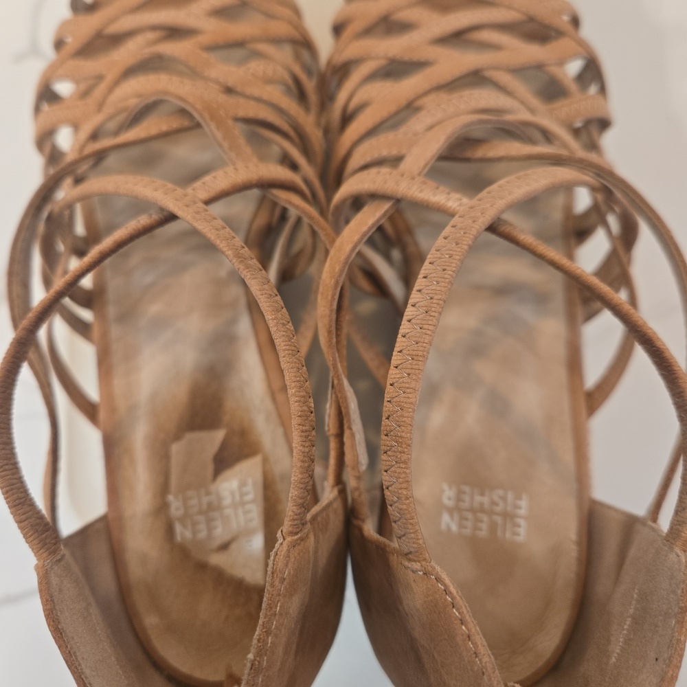 Eileen Fisher Tan Suede Criss Cross Strap Wedge Chunky Espadrilles Sandals 9.5 - Picture 4 of 8